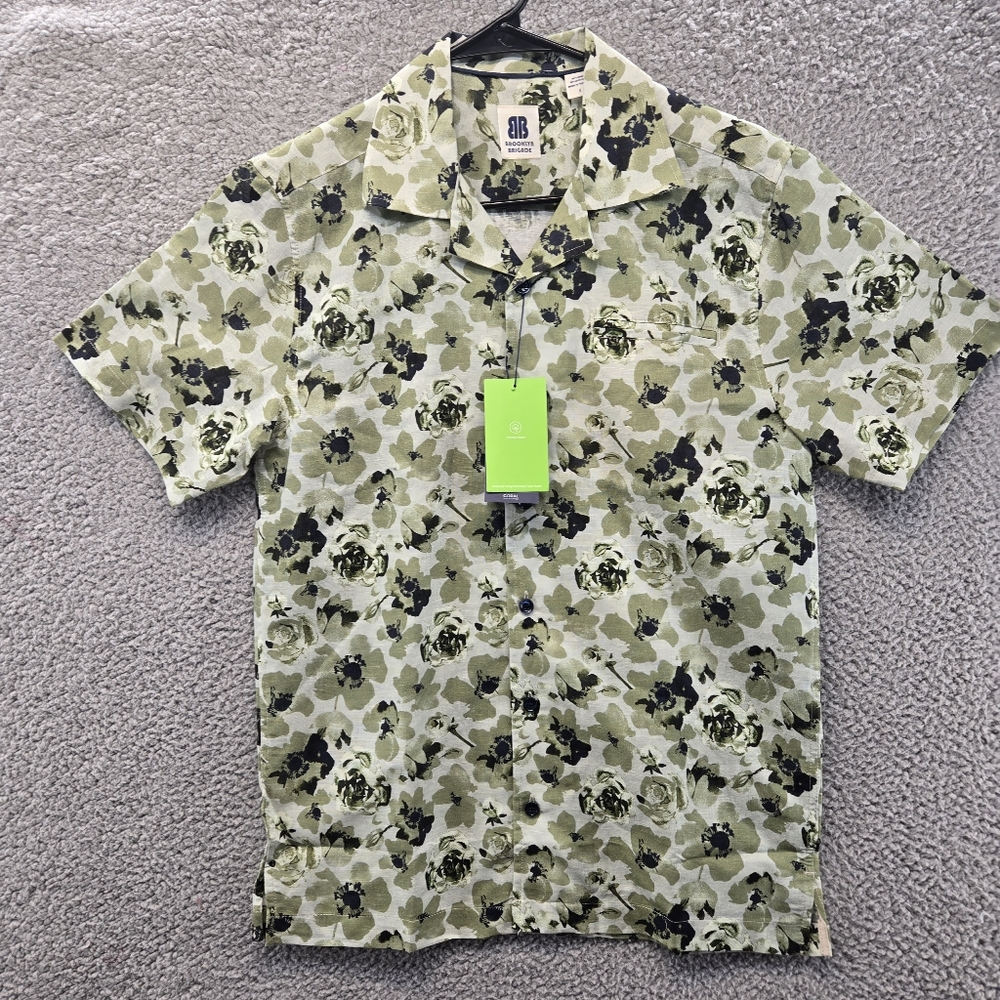 Brooklyn Brigade Green Rose Camp Shirt Linen Blend Short Sleeve Size Small S New